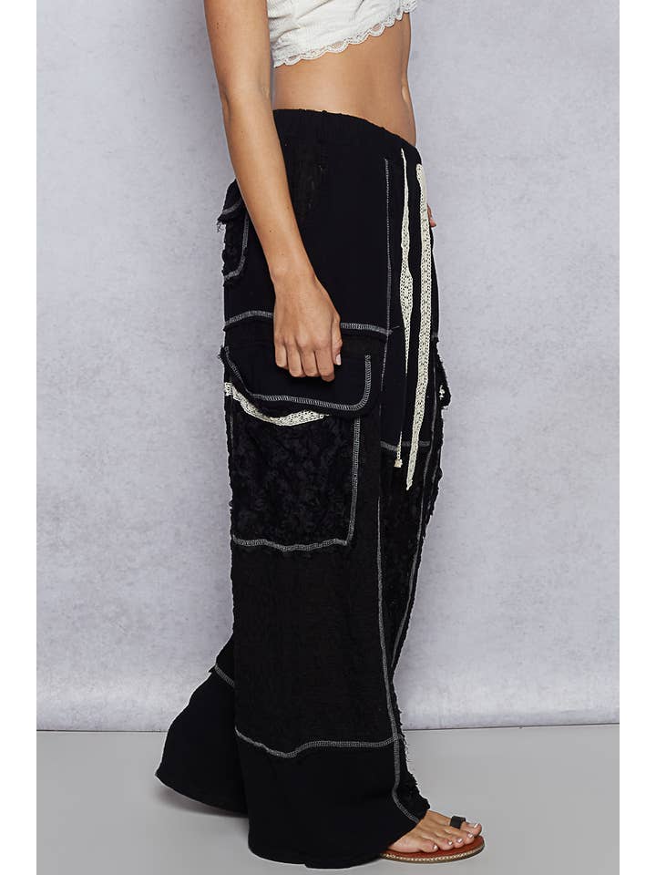 Pol Clothing - Wholesale Pants - Women's - Solid lace patch side pocket wide pants11