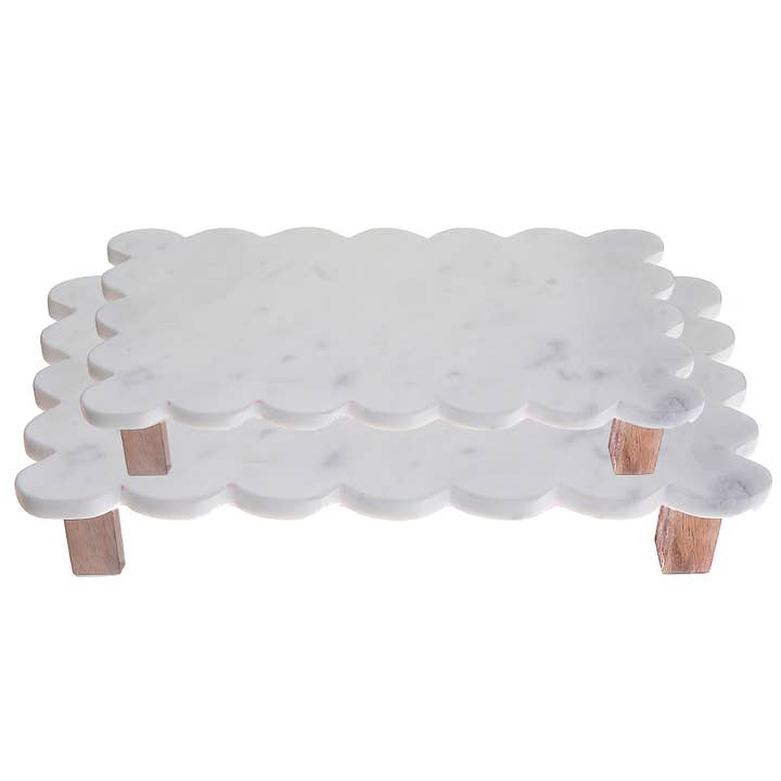 Rectangle Scallop Marble Cake Plate With Acacia Wood Stand for wholesale by IH Casa Decor
