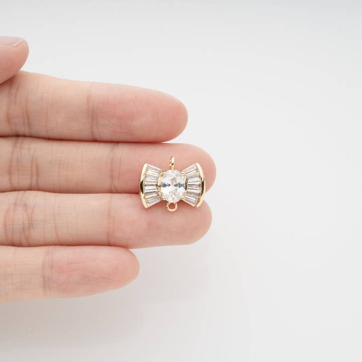 Jewel Pledge - Wholesale Individual Charm/Pendant - Sparkly Gold Baguette CZ Bowtie Connector CNG0183