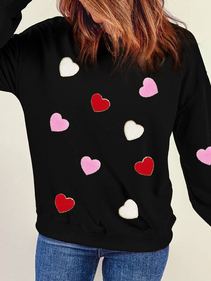 Black Heart Shaped Chenille Embroidered Crew Neck Sweatshirt for wholesale on Faire3