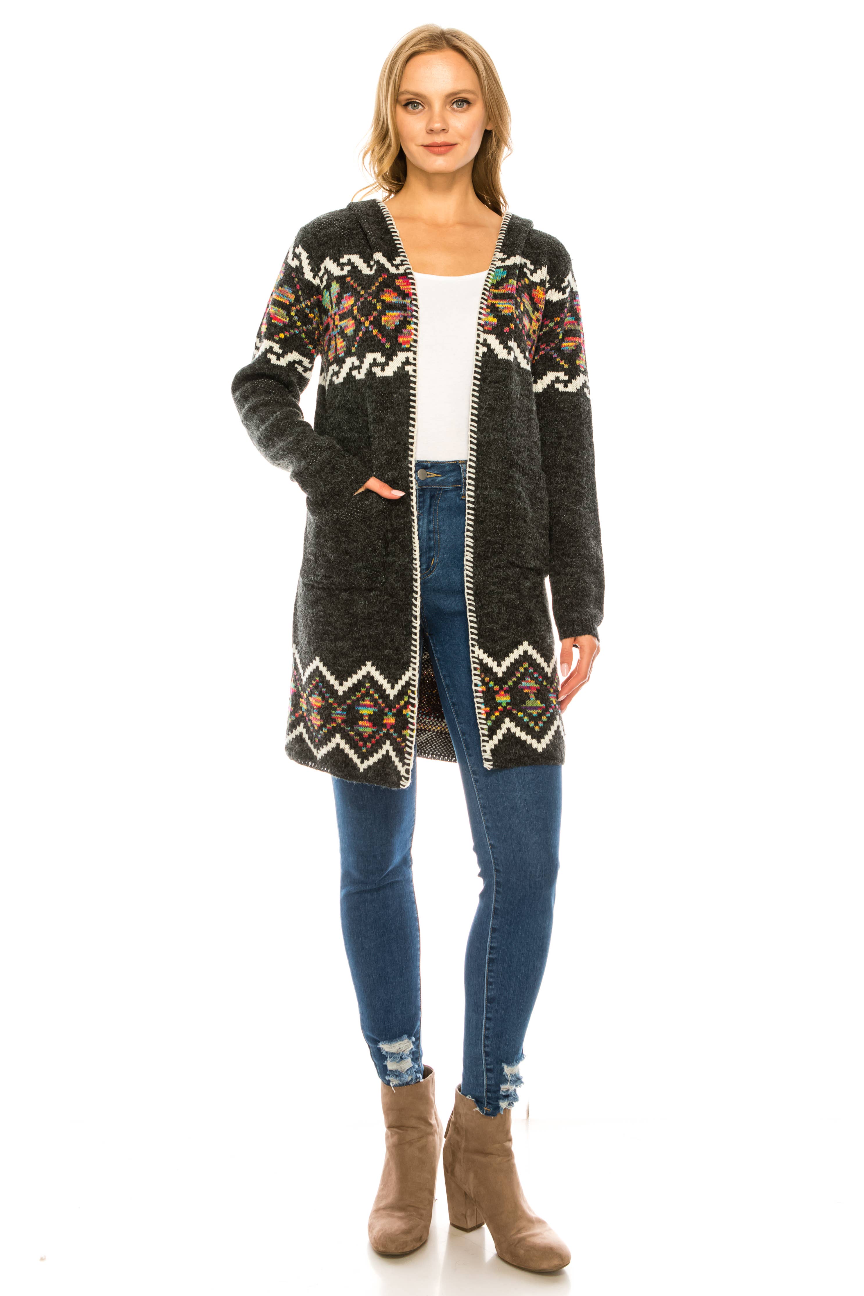 Oceanus Apparel - Wholesale Cardigan - Women's - OUG81327 Hooded floral patterned knit long cardigan sweater1