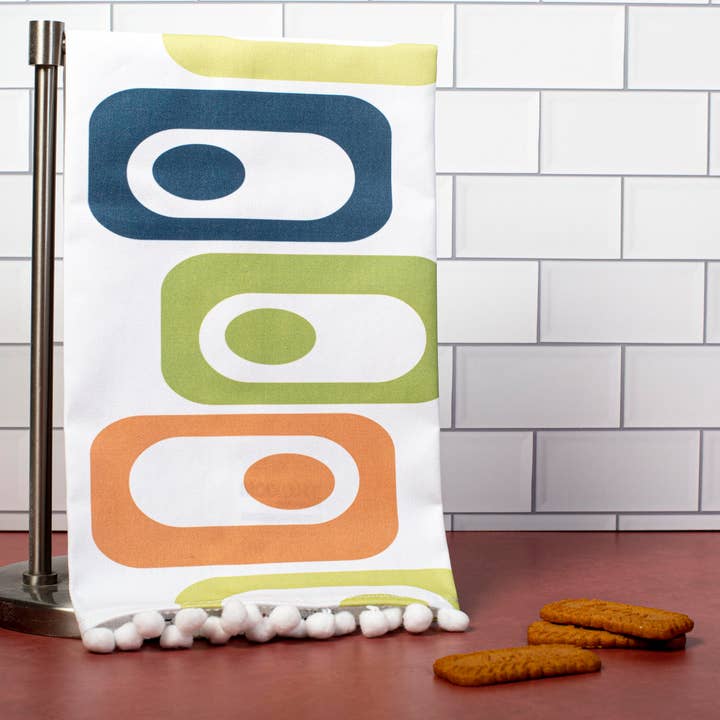 Mod Lounge Paper Company – wholesale Kökshandduk – Circle in Squares Mid Century Modern kökshandduk med trim1