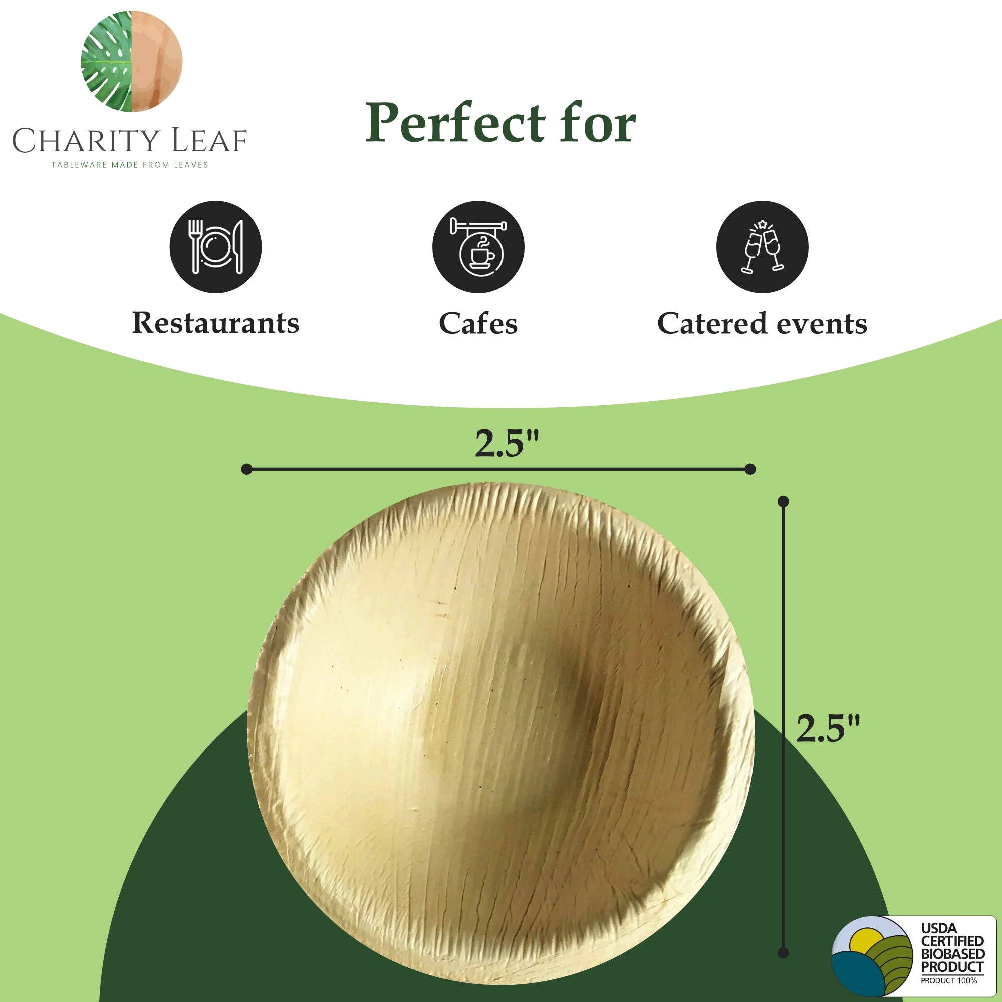 Charity Leaf - Venta al por mayor Platos desechables - Mini cuencos para mojar Palm Leaf, 2.5 pulgadas (1 oz), paquete de 254