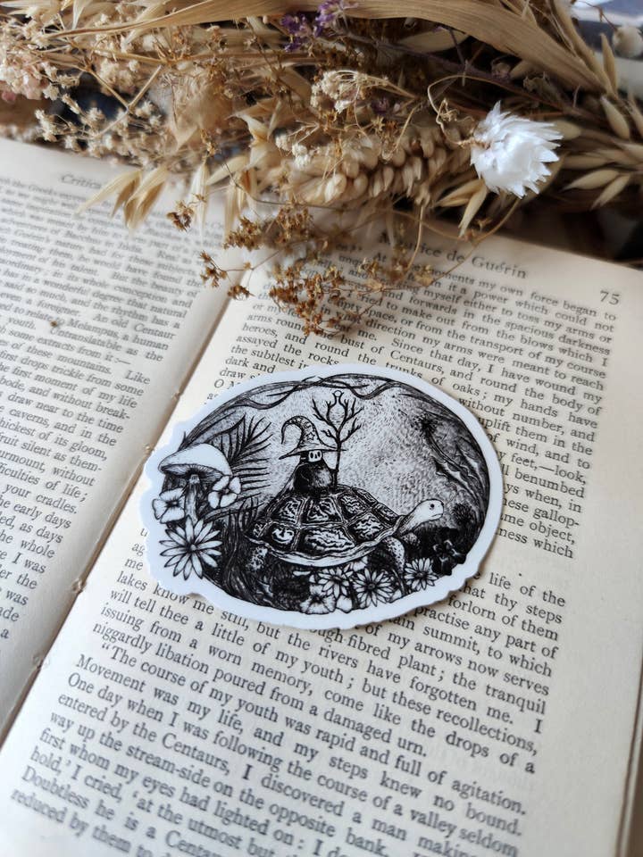 Wizard of Springtime Magical Tortoise Vinyl Sticker for wholesale by Jon Turner Illustration