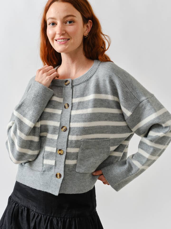 AJT5005 STRIPED CREW NECK BUTTONDOWN CARDIGAN for wholesale by Aaron & Amber