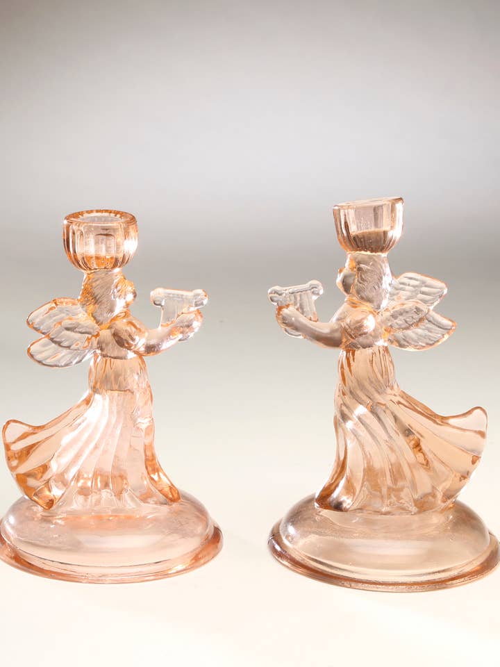 Angel Candlestick Pair, in Pink or Green Glass for wholesale by AA Importing