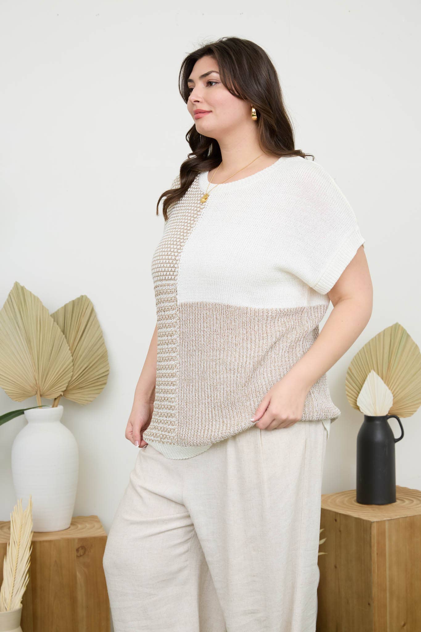 Blu Pepper - Wholesale Knit Sweater - Women's - PLUS MULTI PATTERN COLORBLOCK SHORT SLEEVE SWEATER7