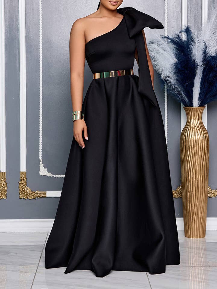 Aria Romance - Wholesale Gown - Women's - Asymmetric Bow-Shoulder Maxi Dress3