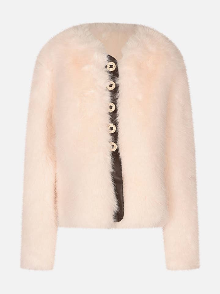 WIT Nepbontjas met zwarte eco-lederen accenten voor groothandel op Faire