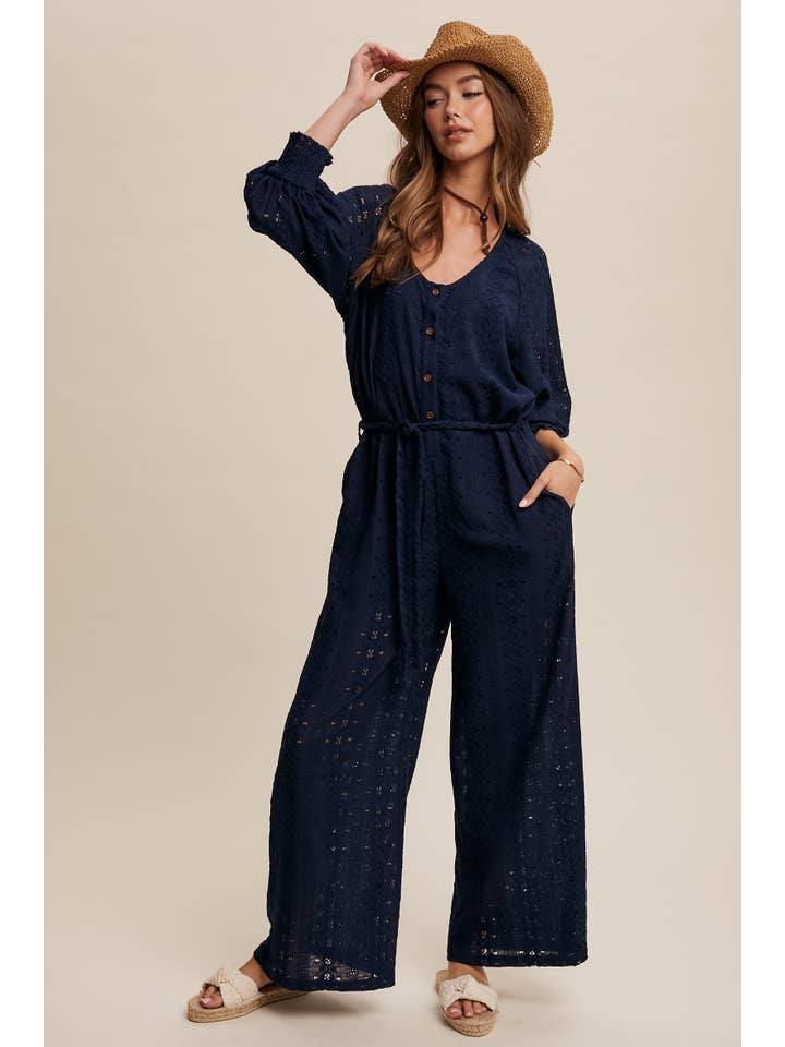 Listicle - Wholesale Jumpsuit - Women's - Eyelet Lace Wide Leg Jumpsuit