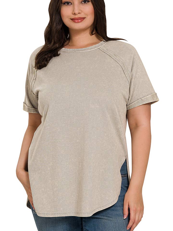 "...._ Plus Acid Wash Raw Edge Short Cuff Sleeve Pullover for wholesale by 42POPS