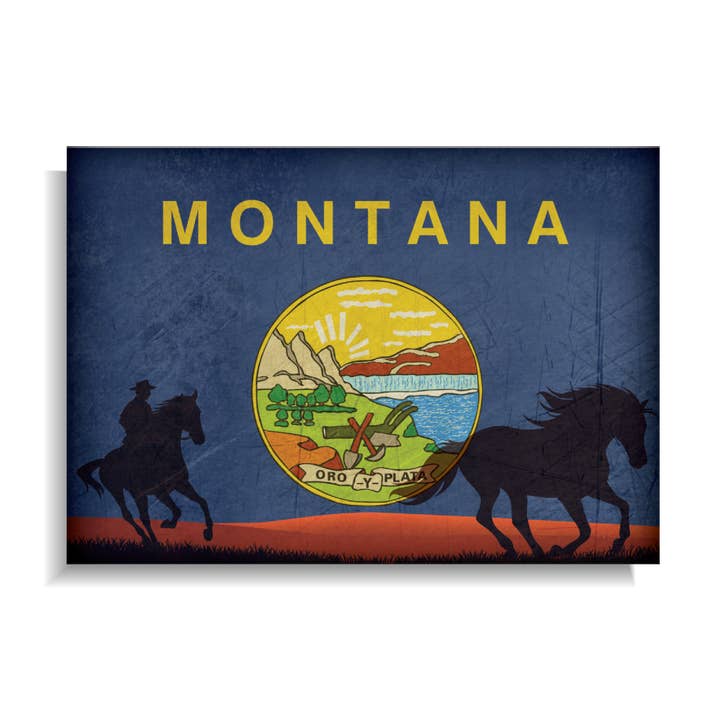 Aimant : Drapeau de l'État sur le thème du Montana pour la vente par BetterMagnets.com by Design Studio 88 Inc