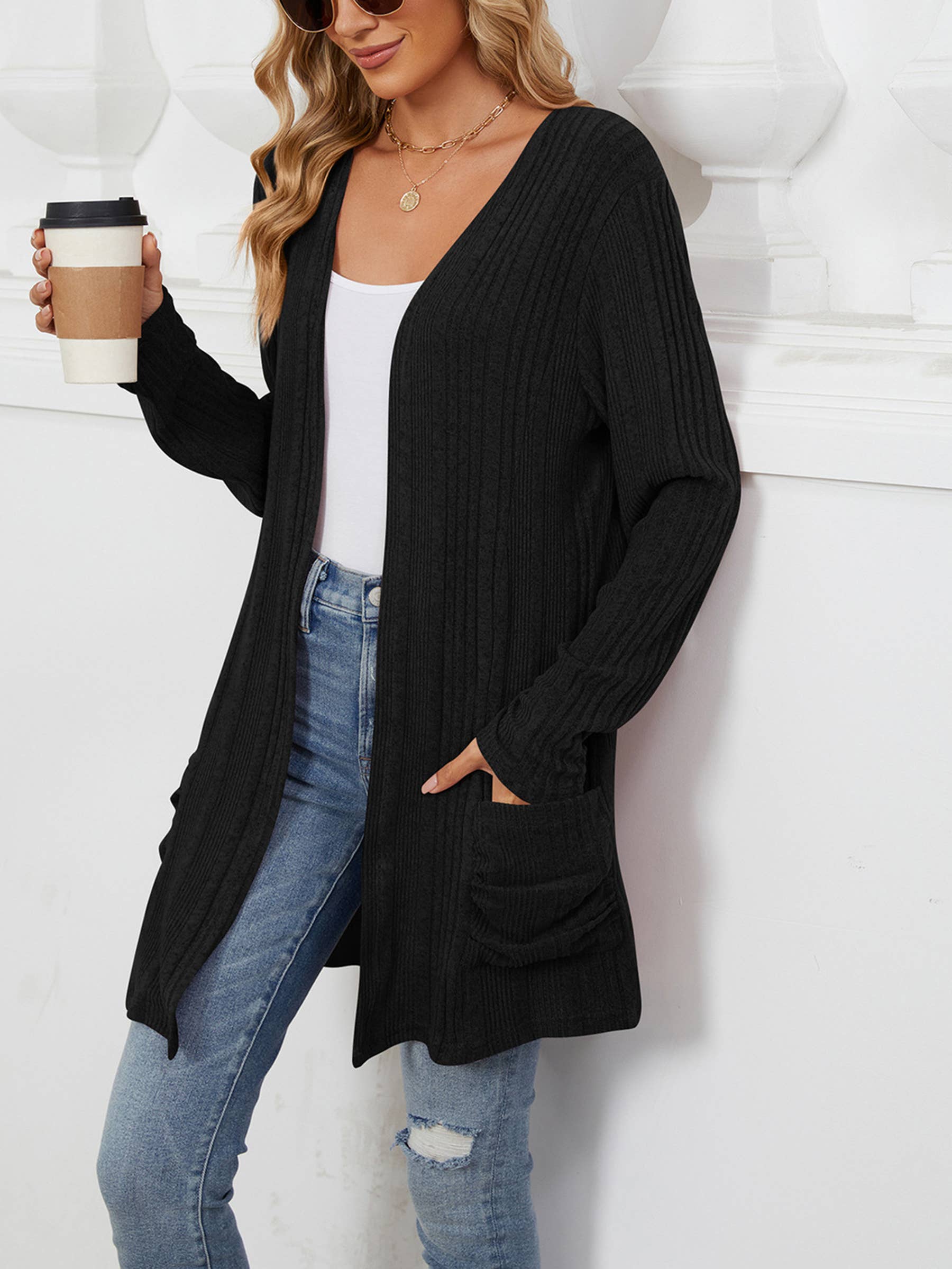Wholesalesir - Wholesale Cardigan - Women's - Solid Color Pit Stripe Matte Pocket Long Sleeved Top0