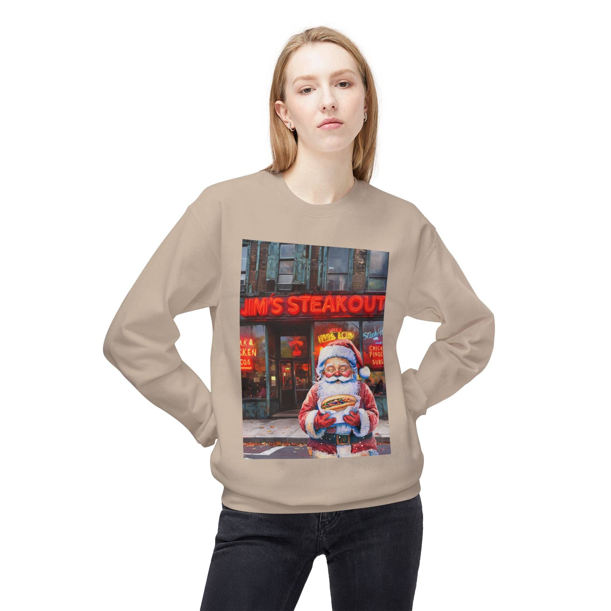 Buffalovely - Wholesale Graphic Sweatshirt - Unisex - Santa with a Hoagie at Jim's Steakout Unisex Cozy Crewneck Sweatshirt20
