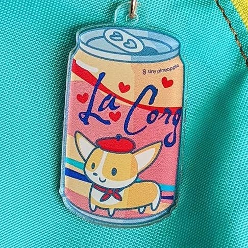 Corgi sparkling water KEYCHAIN—"La Corg" Tiny Pineapple for wholesale by Tiny Pineapple Studio