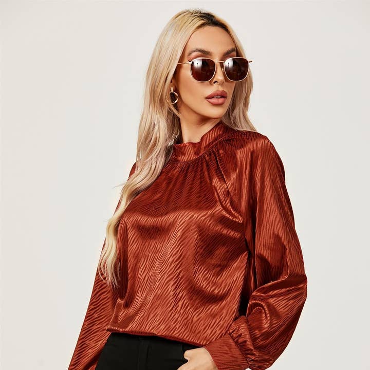 Halter Neck Satin Long Sleeve Blouse Top In Copper Red and other Purchase Wholesale sänger töpfe. Free Returns & Net 60 Terms on Faire trending on Faire.