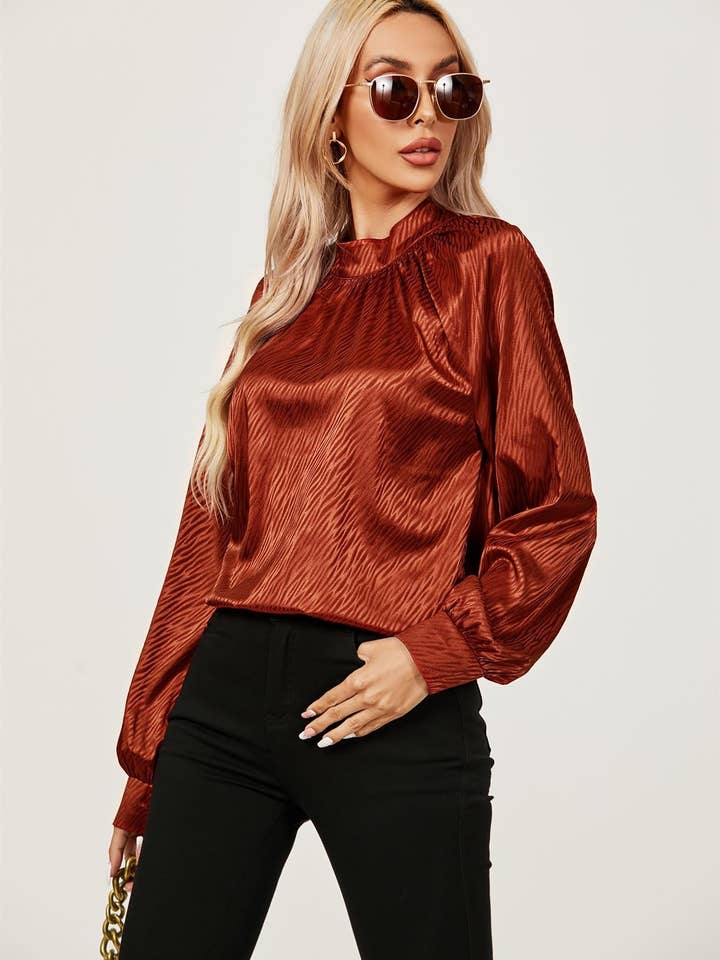 Halter Neck Satin Long Sleeve Blouse Top In Copper Red for wholesale on Faire