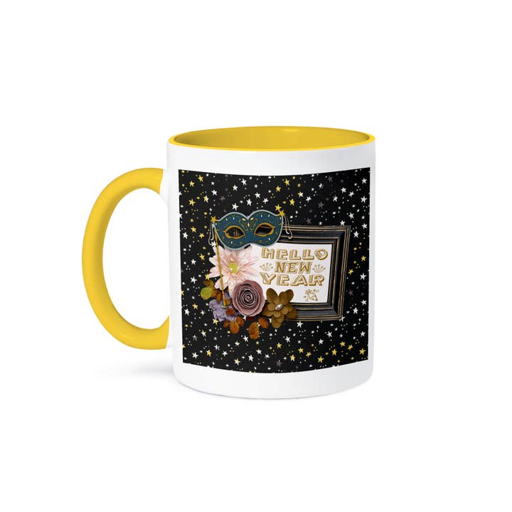 3dRose - Wholesale Coffee Mug - 3dRose, Image of Hello New Year, Mask, Flora Frame, Star Print, Gold Black, Mug