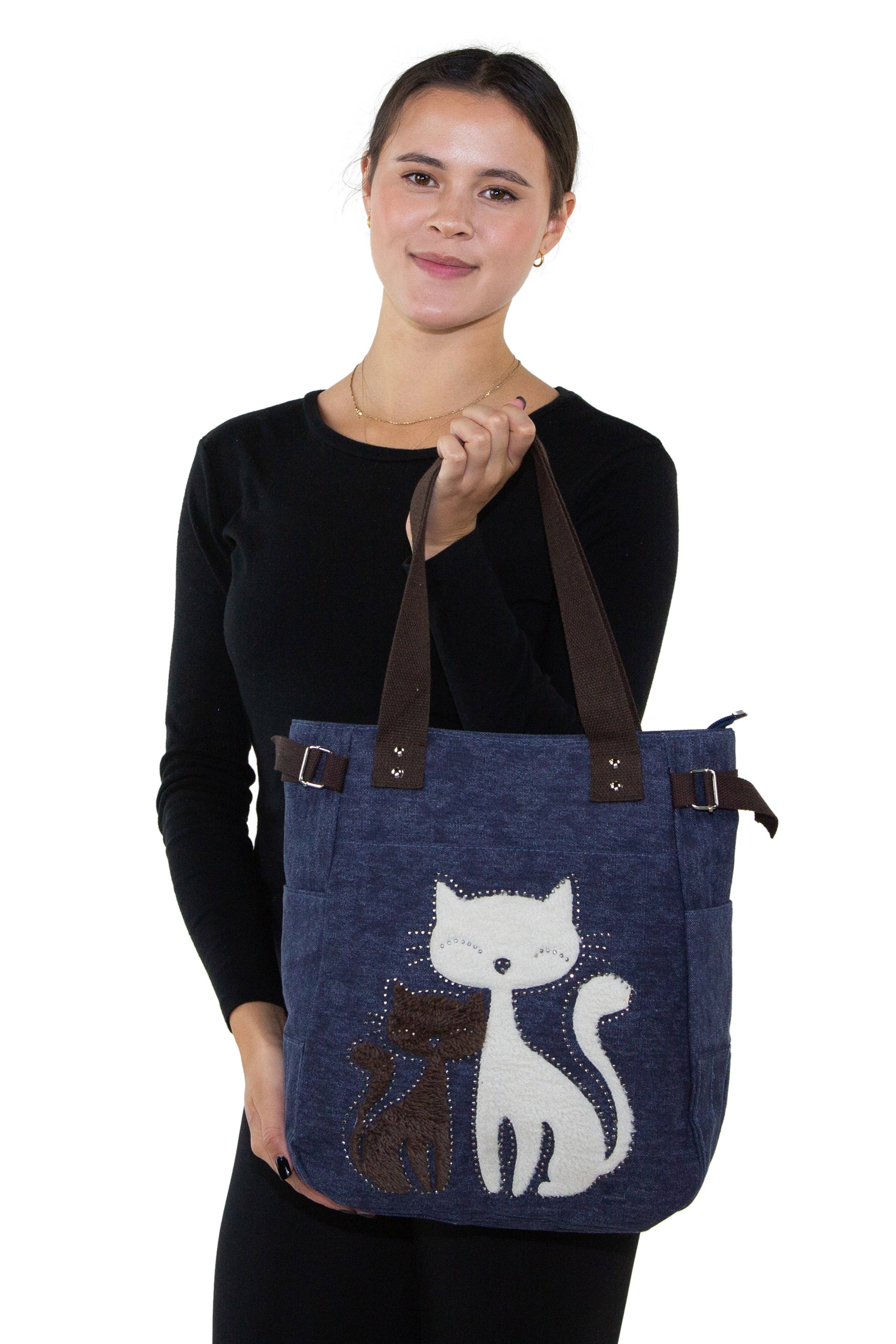 COMECO INC – wholesale Tote bag – Women's – Lovely Cats With Faux Fur And Studs Canvas Tote Bag7