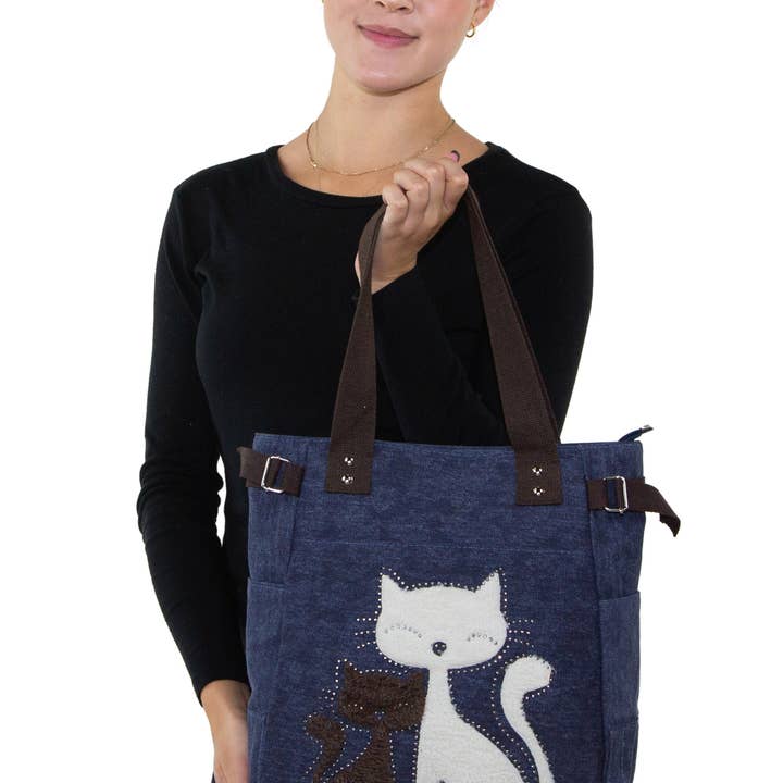 COMECO INC – wholesale Tote bag – Women's – Lovely Cats With Faux Fur And Studs Canvas Tote Bag7