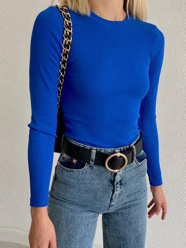 Sheer Trend - Vendita all'ingrosso Top in maglia - Donna - Magliette a maniche lunghe aderenti a tinta unita con scollo rotondo5