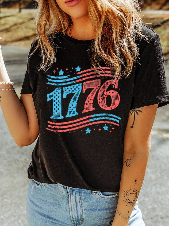 LDC 1776 American Flag Theme Print Crew Neck T Shirt for wholesale by Little Daisy Closet