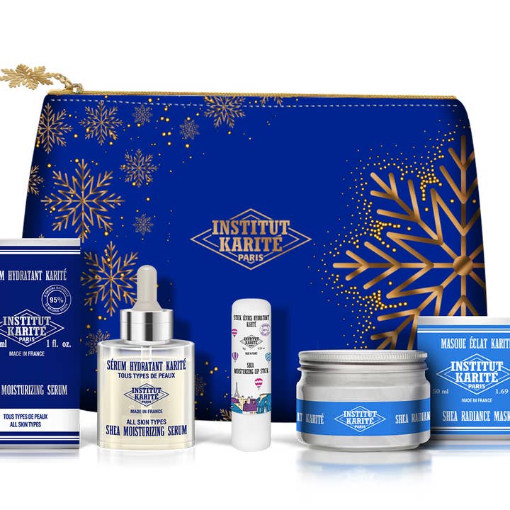 Ansigtspleje julesæt med blå pung for engroshandel hos Institut Karité Paris