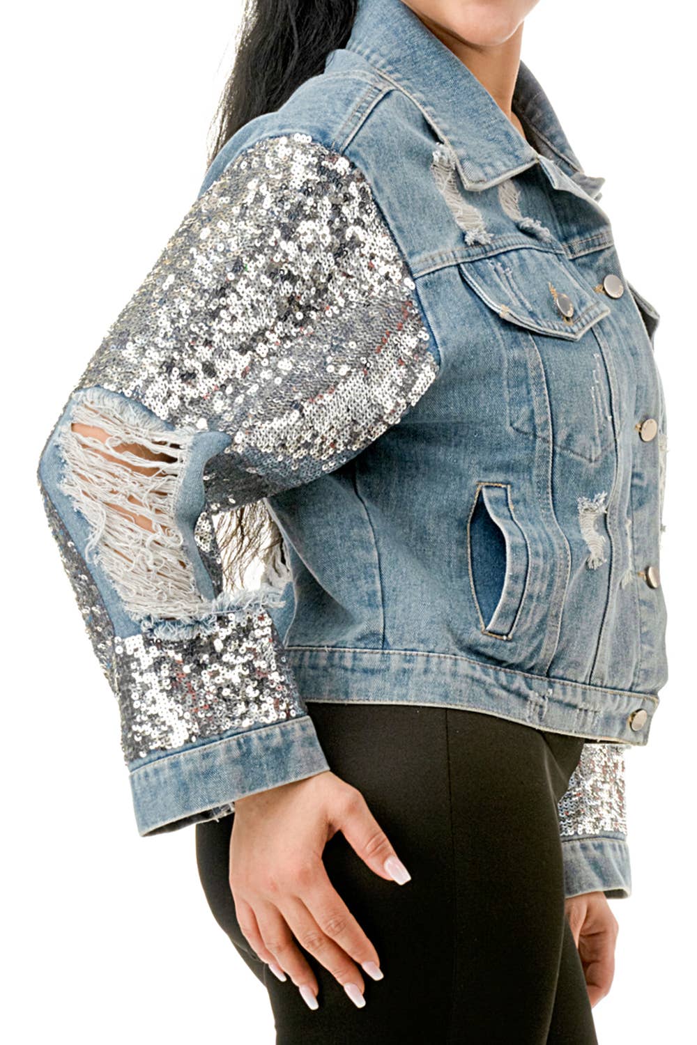 SALT - Wholesale Denim Jacket - Women's - (NJ7209)Sequin Sleeve Distressed Denim Crop Jacket4