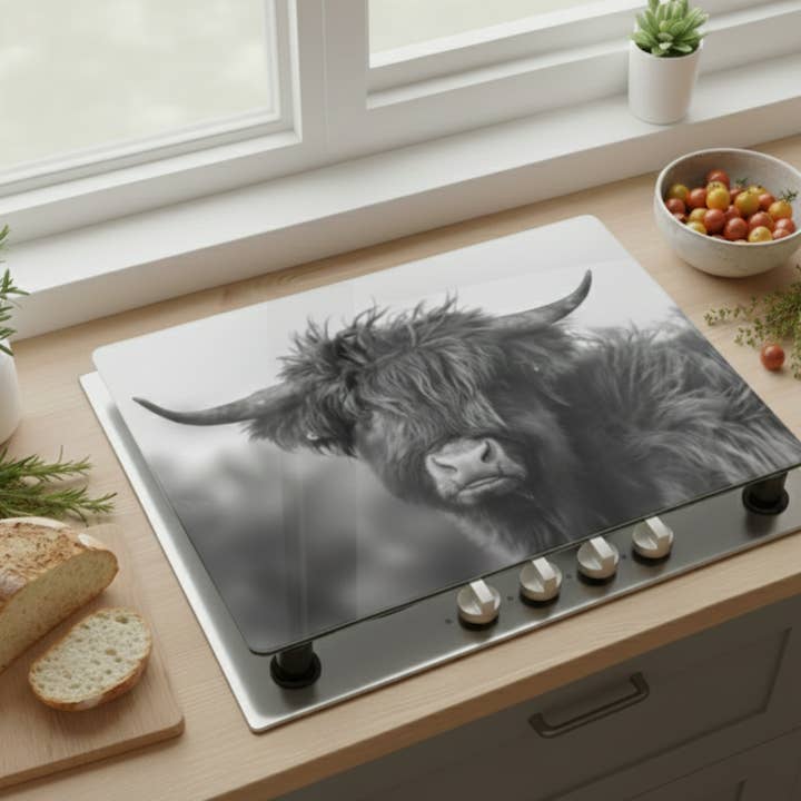 Highland Cow Hob Cover BlackWhite Glass CuttingBoard 60x52Cm for wholesale by DEENZ