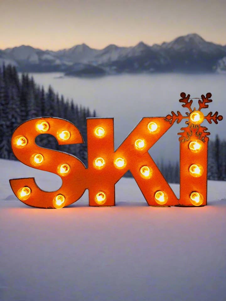 Ski Word Lighted Marquee Rusted Metal Sign Lodge Gift for wholesale by Universal Ironworks USA