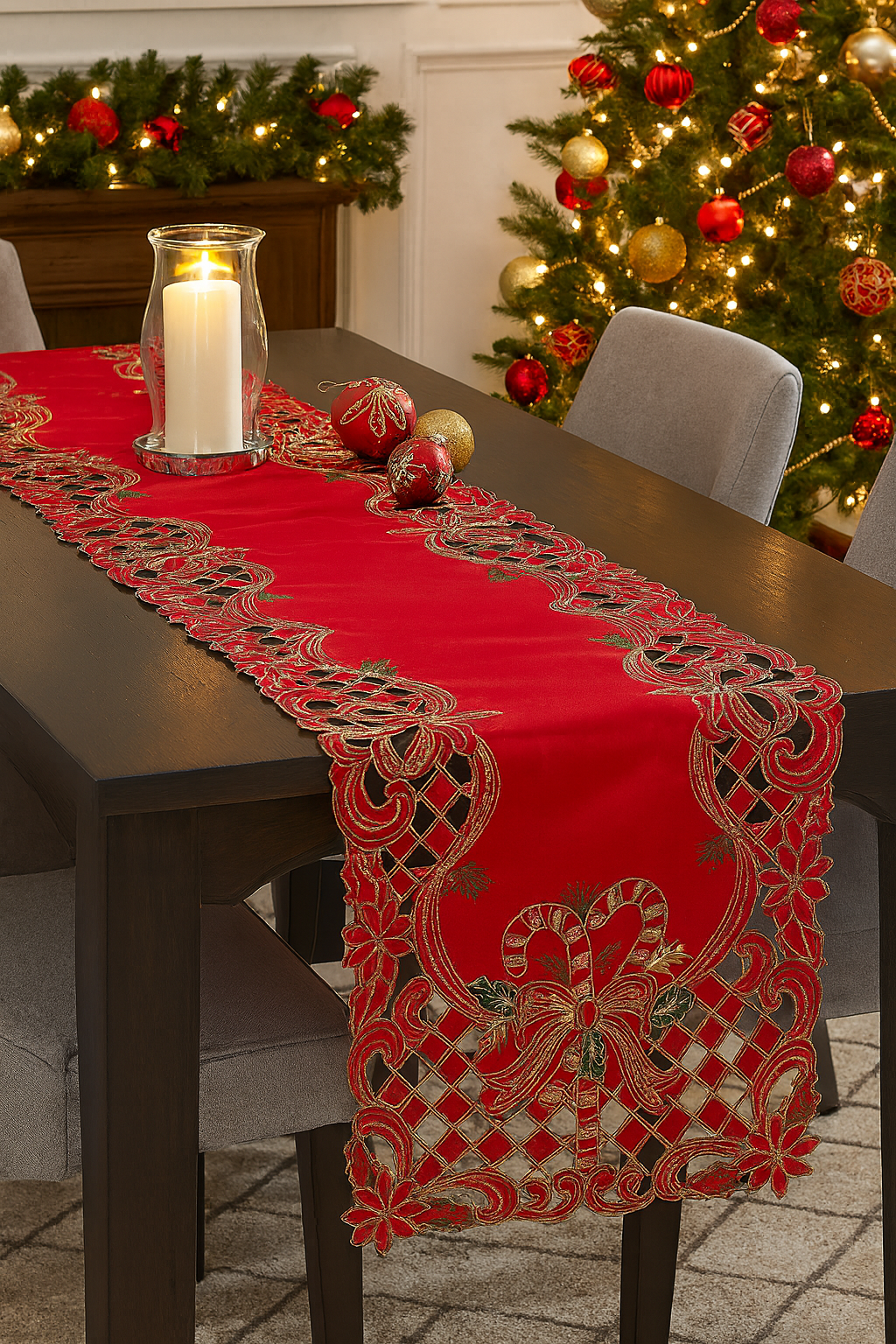 Fennco Styles - Vente Chemins de table - Chemin de table rouge Holly Bow avec motif de Noël 3