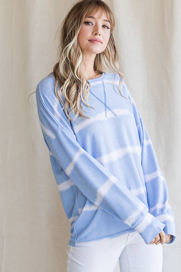 7th Ray – Engroshandel Strikket top - Dame – Stribet Tie Dye V-søm Drop Shoulder Langærmet Top T356514