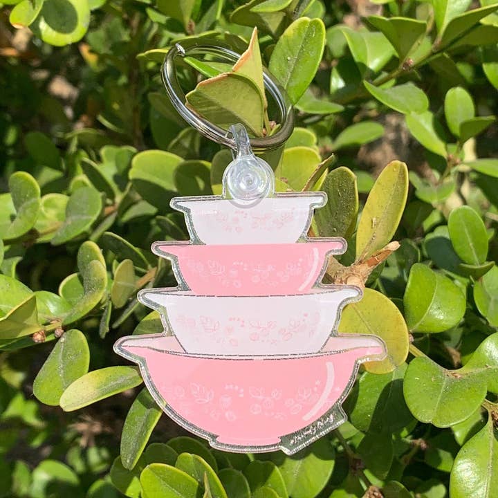 Vintage Bubble Gum Pink Pyrex Bowls Keychain - Light Pink - for wholesale by Extremely Retro