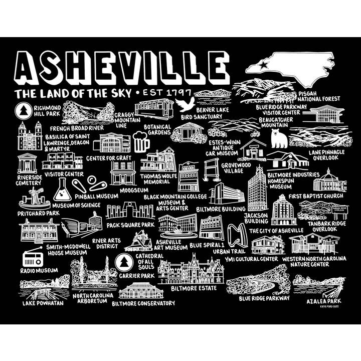 Asheville Karta Skriv ut Svart för wholesale av Whereabouts Shop