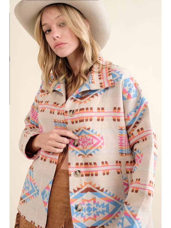 Blue B - Wholesale Shirt Jacket/Shacket - Women's - 32621J - Aztec Jacquard Mock Neck Button Up Western Jacket