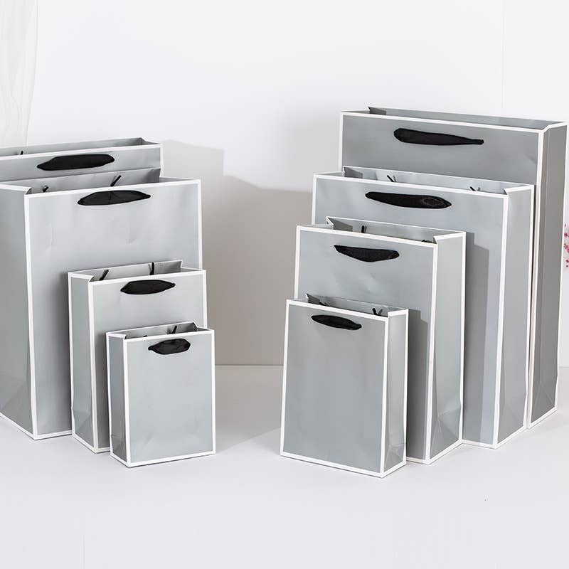 ByHome - Vendita all'ingrosso Buste regalo - Borsa regalo di carta grigio argento con bordo bianco con velina3