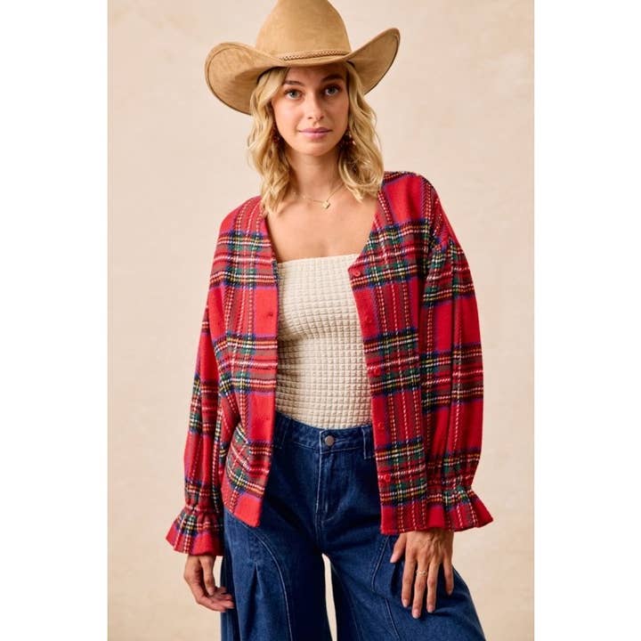Christmas Plaid V-neck Elastic Ruffle Cardigan Top for wholesale on Faire1