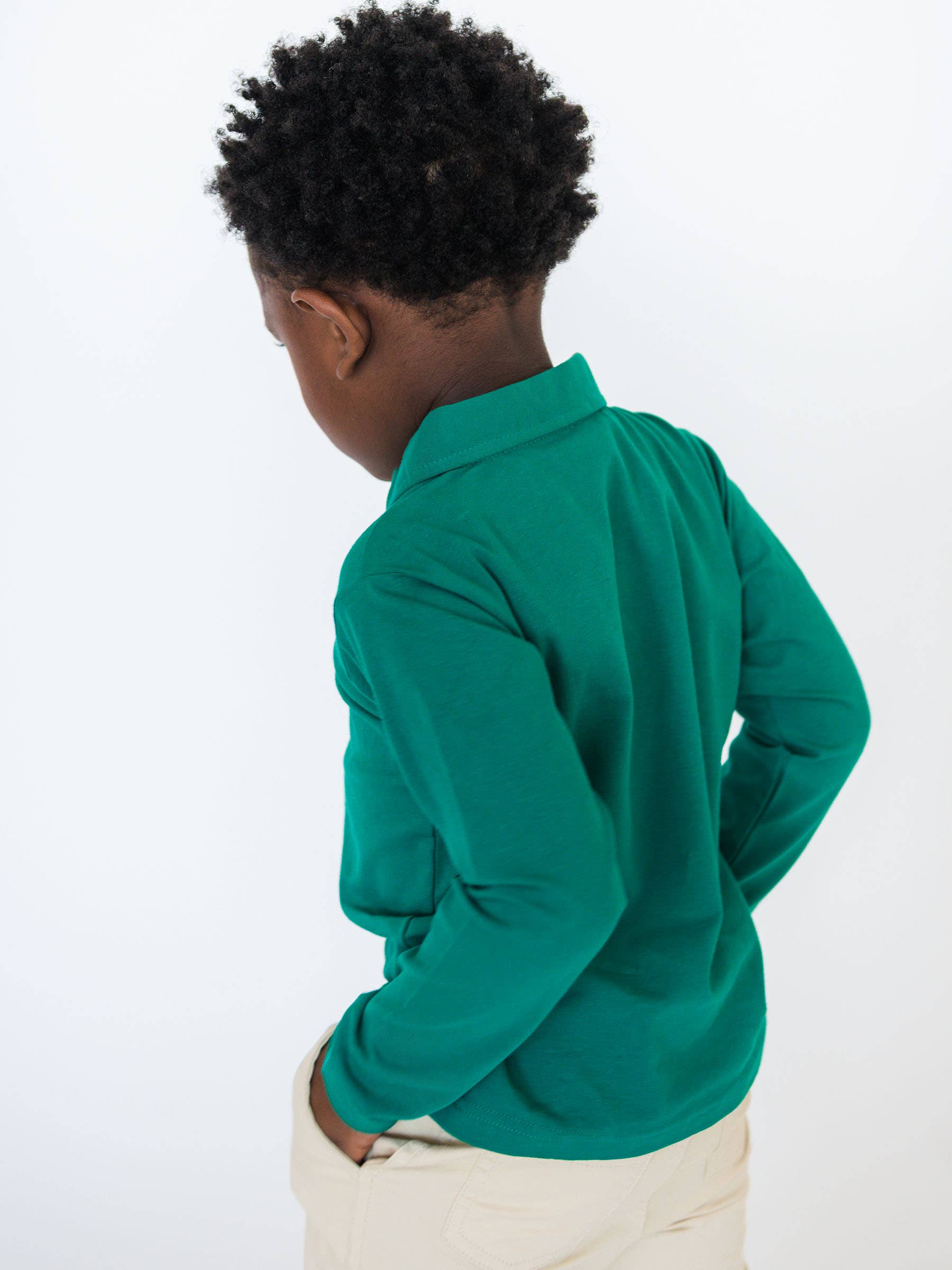 Boys Emerald Green Knit Long Sleeve Polo Shirt for wholesale on Faire3