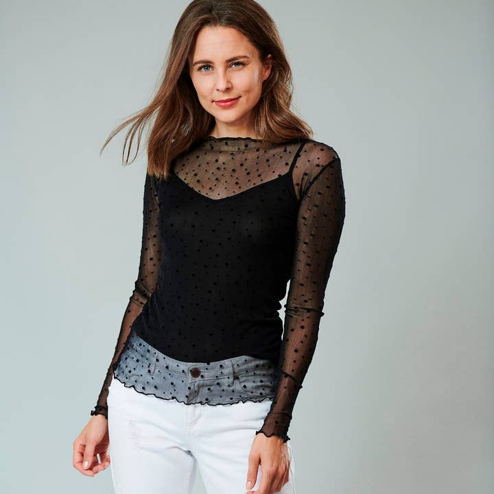 “Dotteflock black” mesh shirt for wholesale by Kokon Zwo