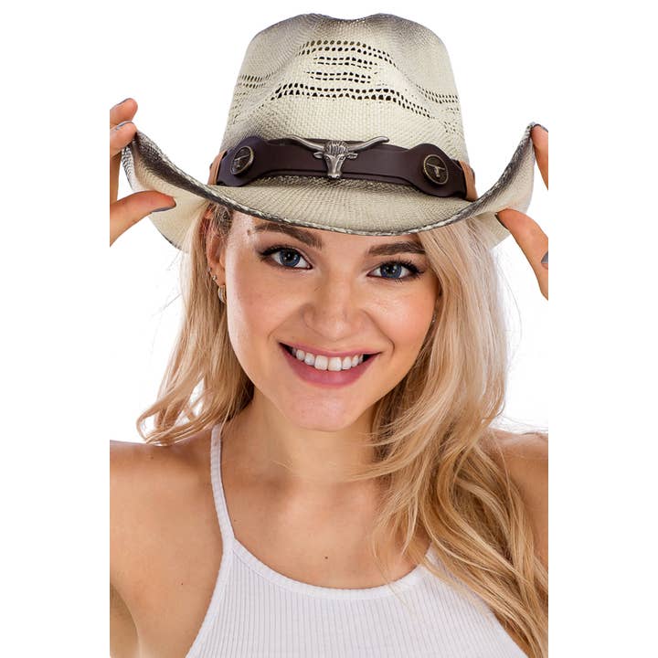 Cap Zone - Wholesale Cowboy Hat - Women's - Longhorn Emblem Belt Ombre Burnt Straw Cowboy Hat
