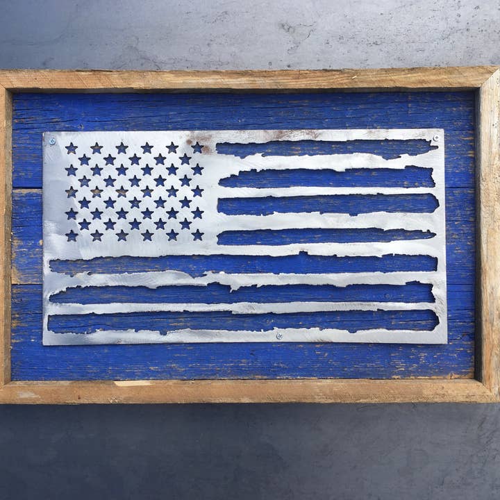 Recherche Furnishings, Inc. - Wholesale Sign - RUSTIC RECLAIMED FRAME AMERICAN FLAG, SHABBY BLUE/BRUSHED