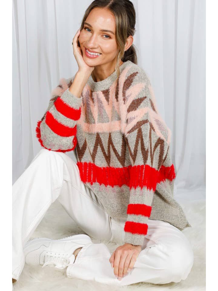 Multi Tribal Patterned Mohair Soft Feel Knitted Sweater VT30367 for wholesale on Faire