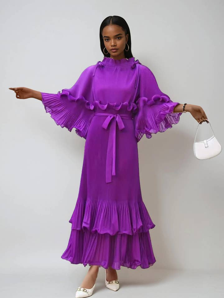 Pleated Ruffle Sleeve Maxi Dress - 82949 for wholesale by For Her NYC