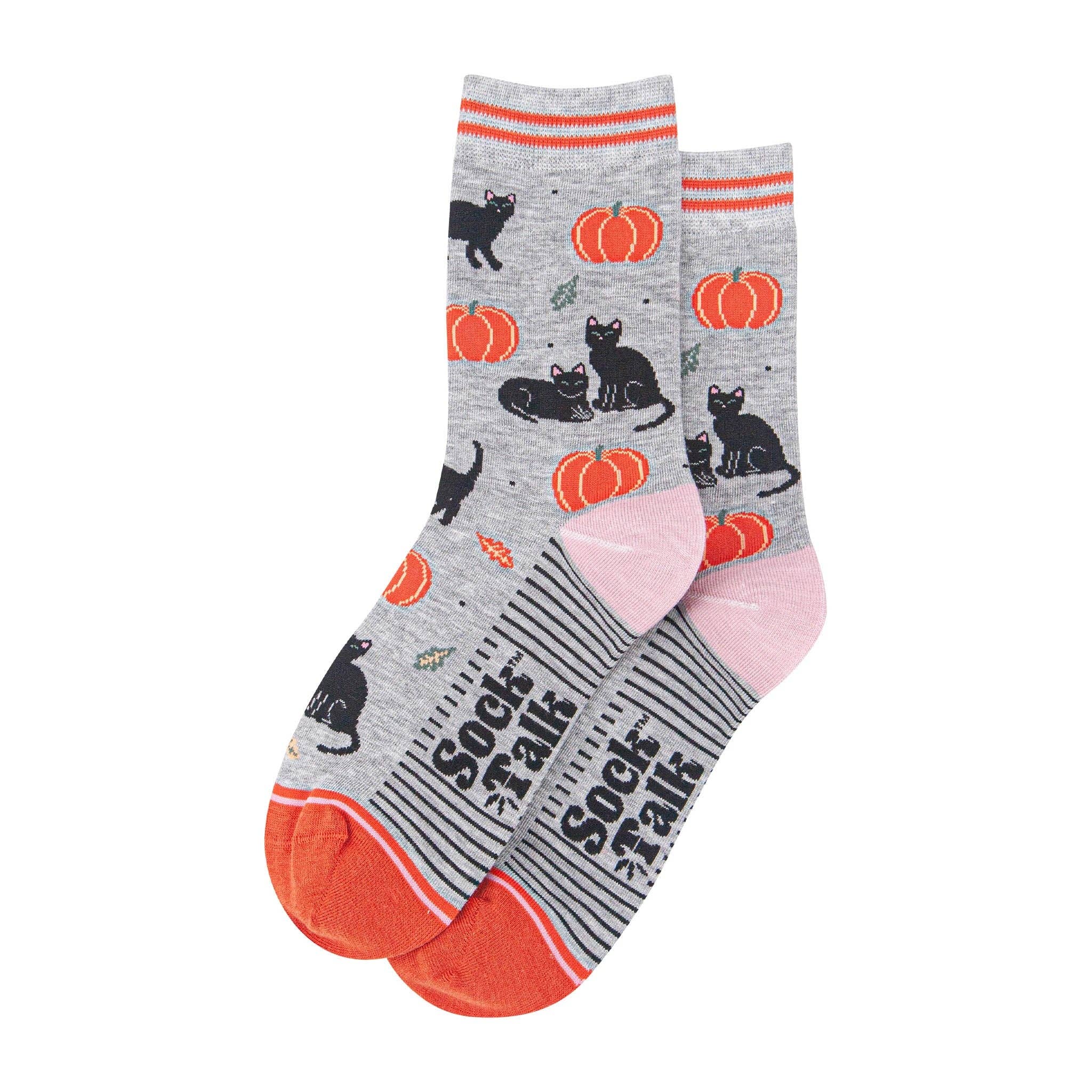 Sock Talk – Meias - Mulher por atacado – Meias de Bambu para Mulher - Cinzento Claro/Laranja, Gatos e Abóboras1