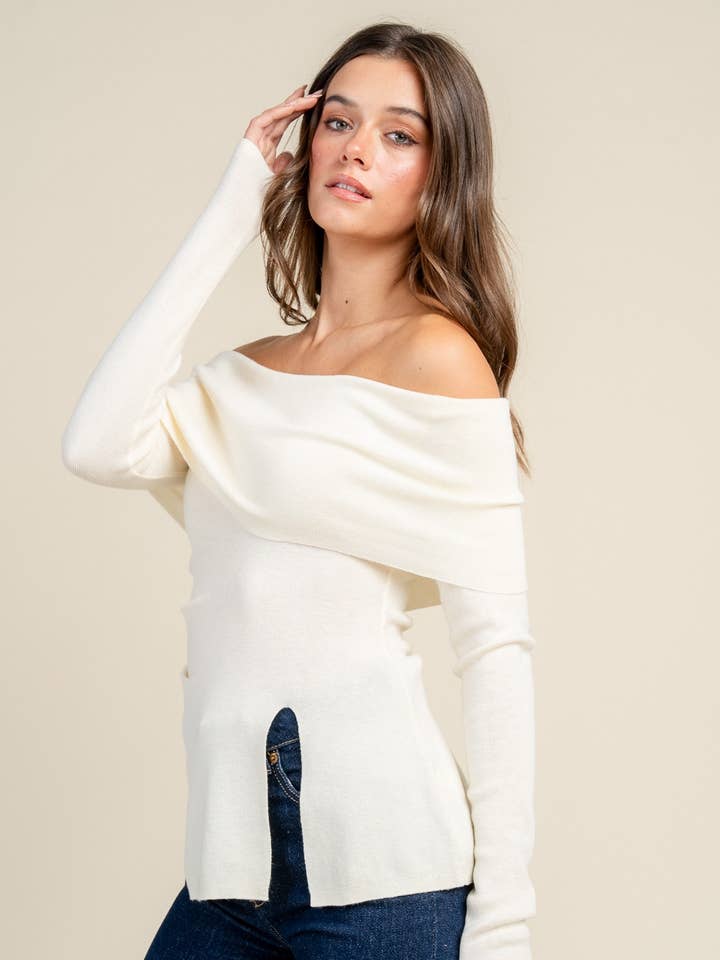 BT3301C / Off-shoulder top met lange mouwen en een zijsplit voor wholesale door BEIVY & COLLABO