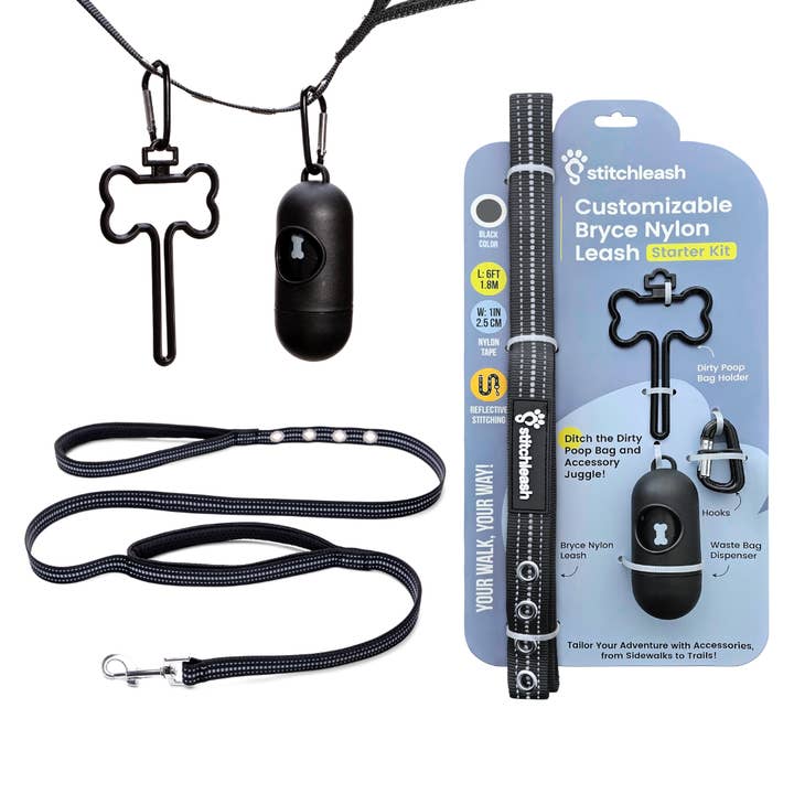 StitchLeash - Wholesale Pet Leash - Dog - StitchLeash® Bryce Clip & Go™ Flat Nylon Leash – Black | 6 ft | 24 per case8