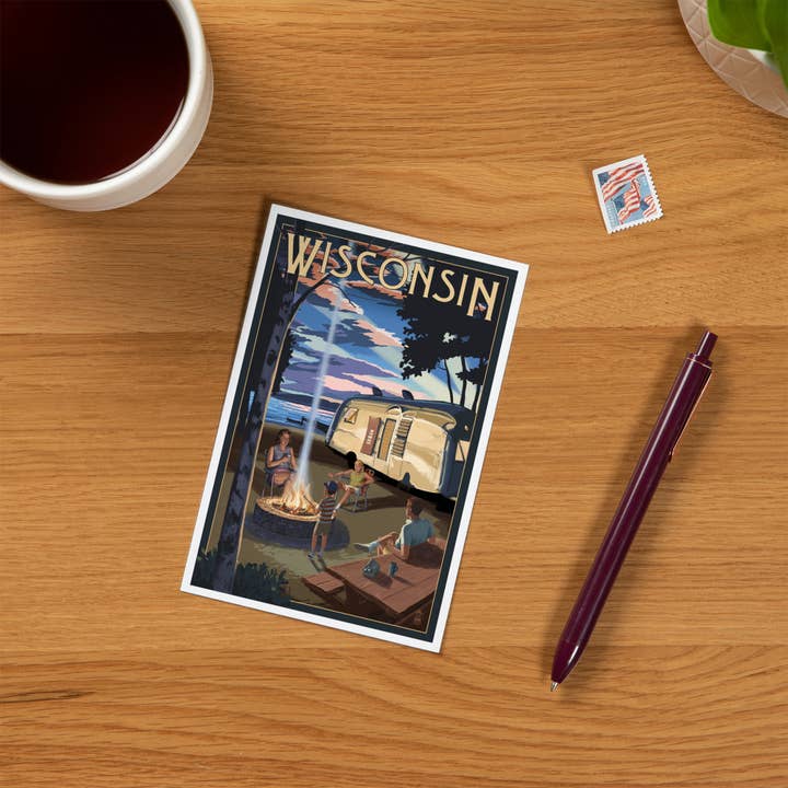 Lantern Press - Wholesale Postcard - PREMIUM POSTCARDS Wisconsin, Retro Camper & Lake