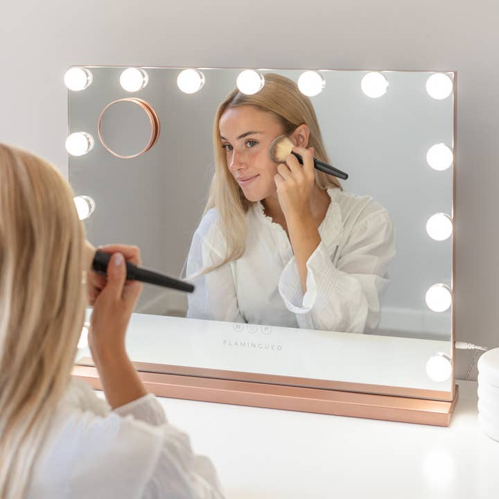 Flamingueo - Vendita all'ingrosso Specchi da trucco - Specchio rosa oro con 15 luci LED Hollywood e 3 modalità di illuminazione2
