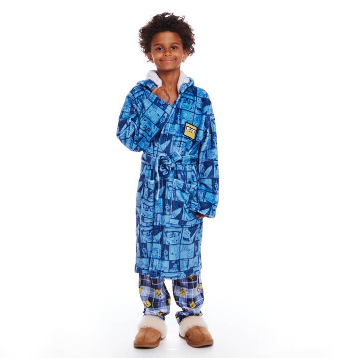 Navy SpongeBob SquarePants™ x Andy & Evan® | Kids (3-12) Spongebob Fleece Robe | Blue Collage for wholesale on Faire