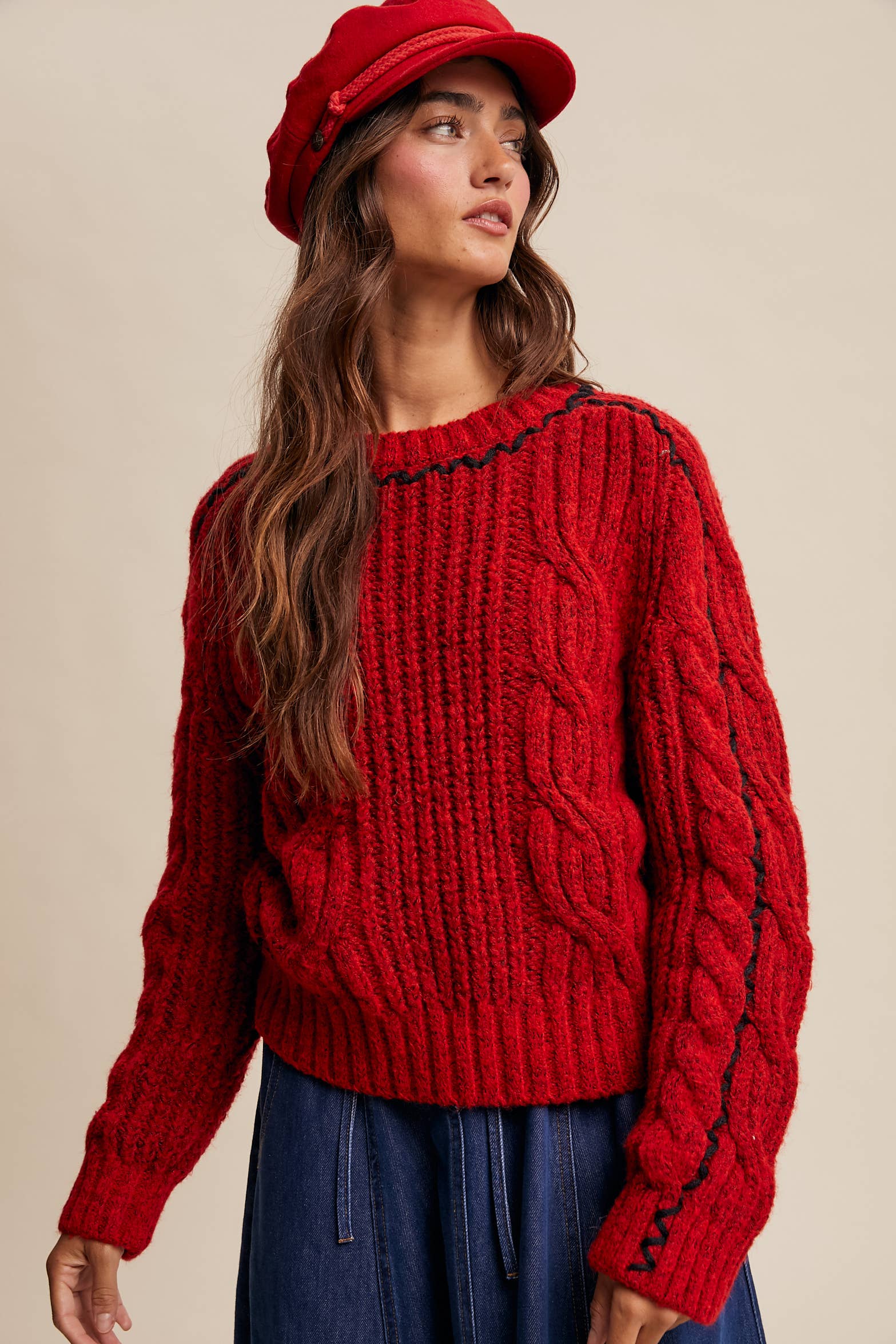 Listicle - Wholesale Knit Sweater - Women's - Contrast Stitch Cable Knit Sweater LSW1013 20